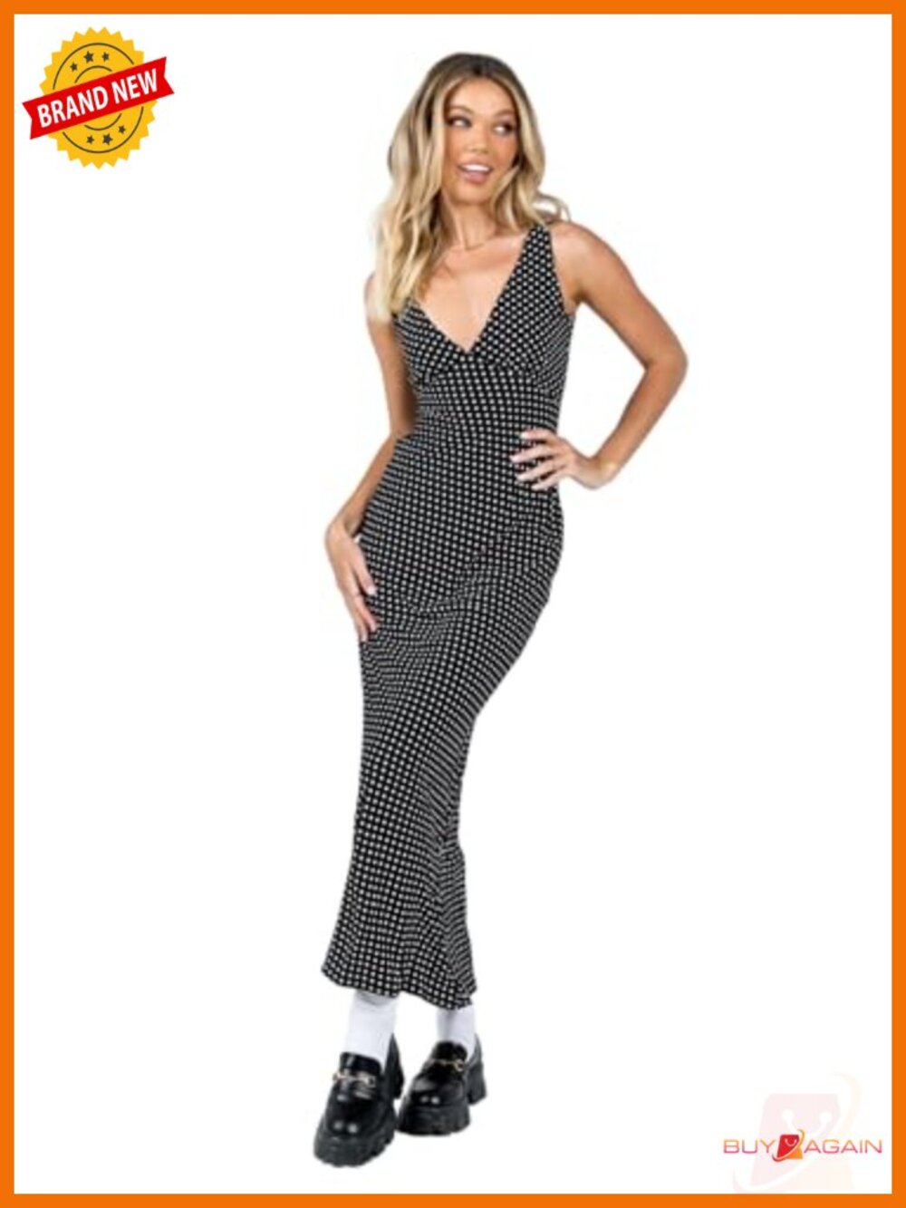 Polka Dot Maxi Dress Sleeveless V-Neck Gathered Bust Casual